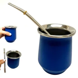 Blue Argentine Yerba Mate Cup Gourd Stainless Steel Bombilla Straw Double Wall