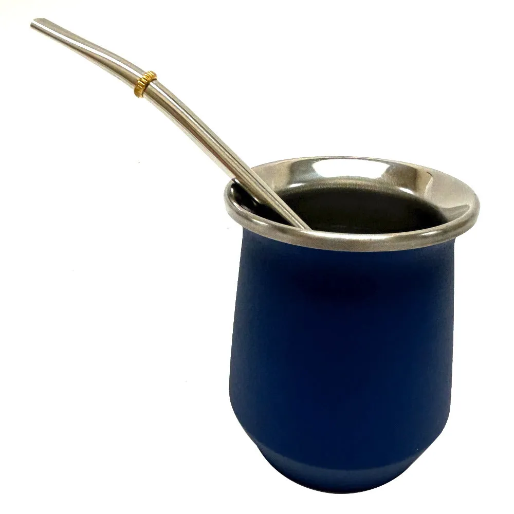 Blue Argentine Yerba Mate Cup Gourd Stainless Steel Bombilla Straw Double Wall