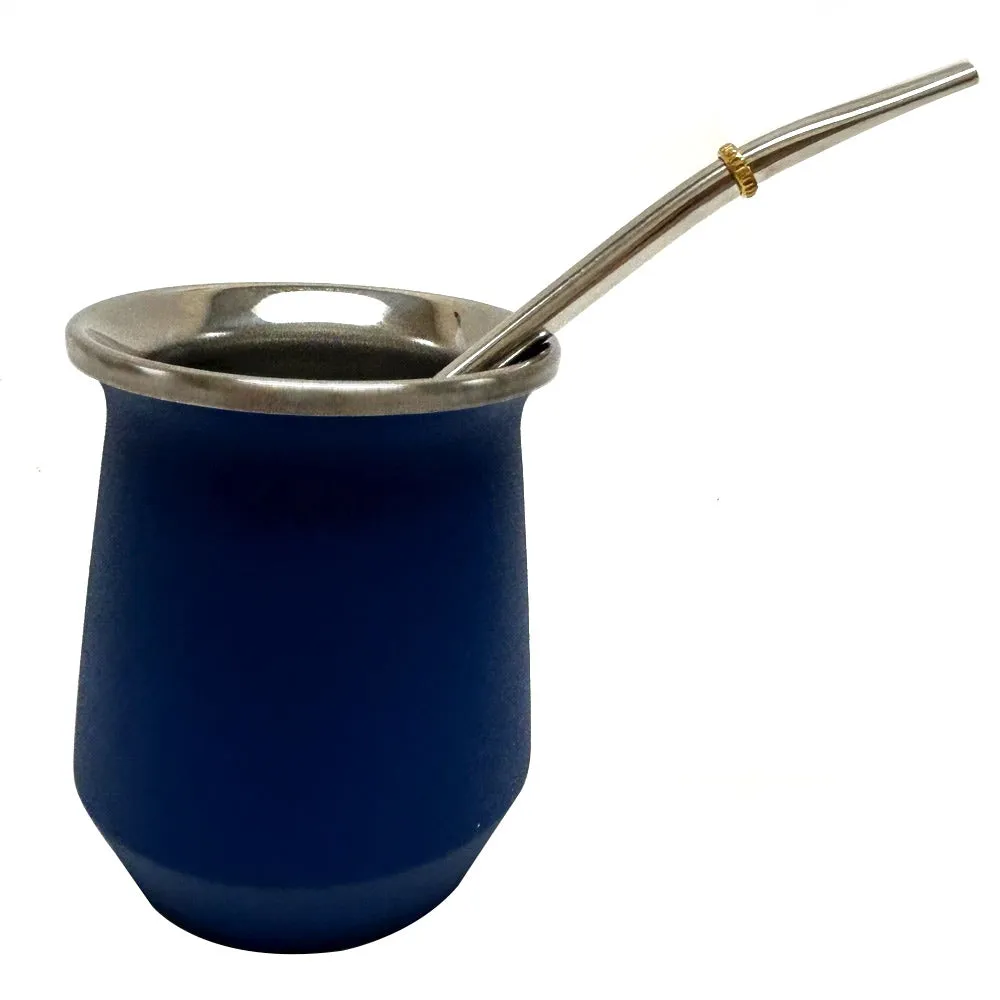 Blue Argentine Yerba Mate Cup Gourd Stainless Steel Bombilla Straw Double Wall