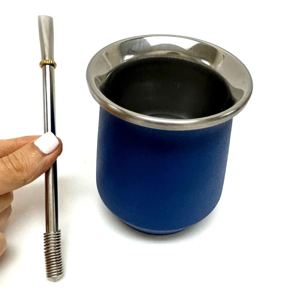 Blue Argentine Yerba Mate Cup Gourd Stainless Steel Bombilla Straw Double Wall