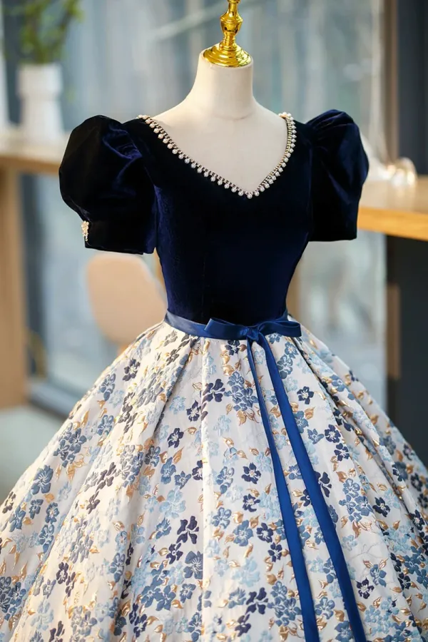 Blue Velvet Floor Length Prom Dress with Short Sleeve, Blue V Neck Formal Evening Dress KPP1778