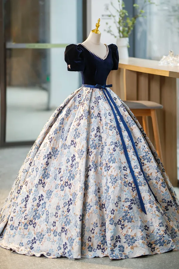 Blue Velvet Floor Length Prom Dress with Short Sleeve, Blue V Neck Formal Evening Dress KPP1778