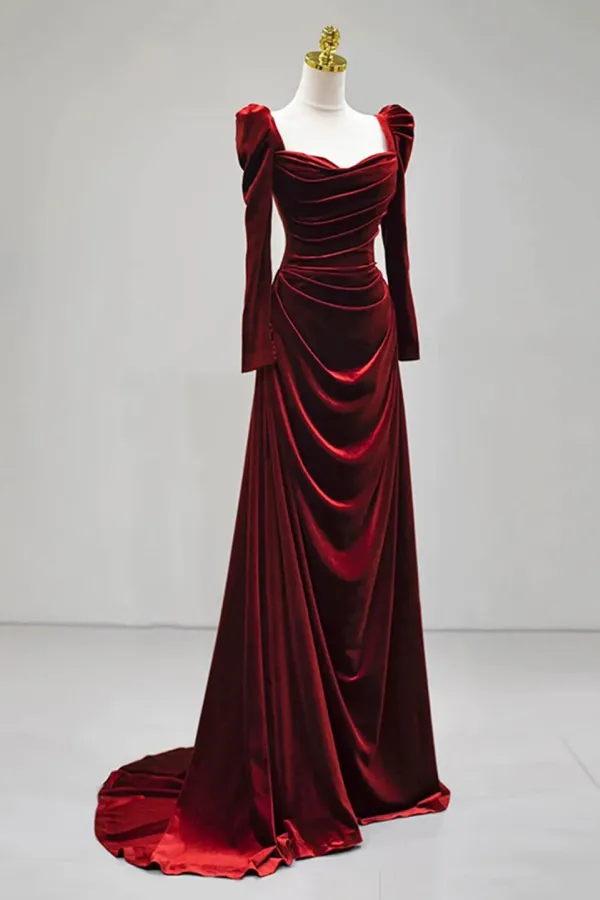 Burgundy Velvet Long Sleeve Pleats Square Neck Prom Dress KPP2103