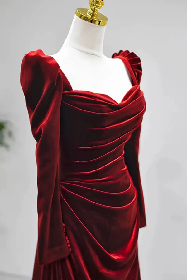 Burgundy Velvet Long Sleeve Pleats Square Neck Prom Dress KPP2103