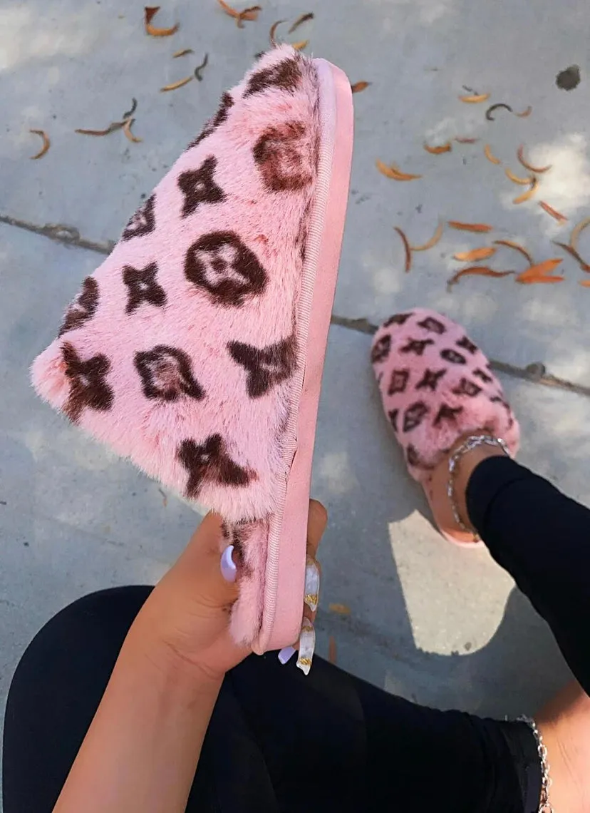 Ladies inspired monogram plush comfy slides slippers