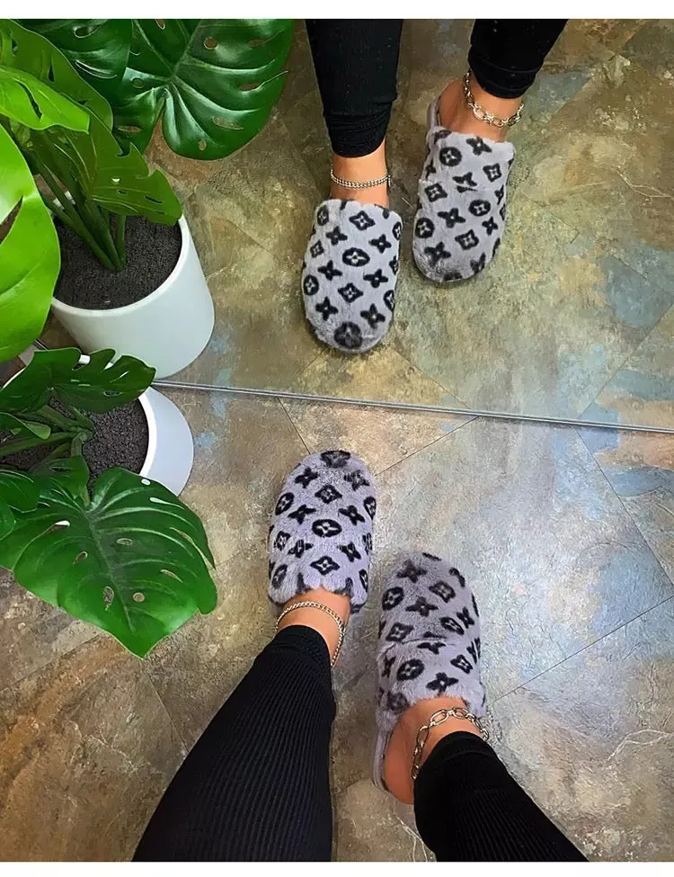 Ladies inspired monogram plush comfy slides slippers