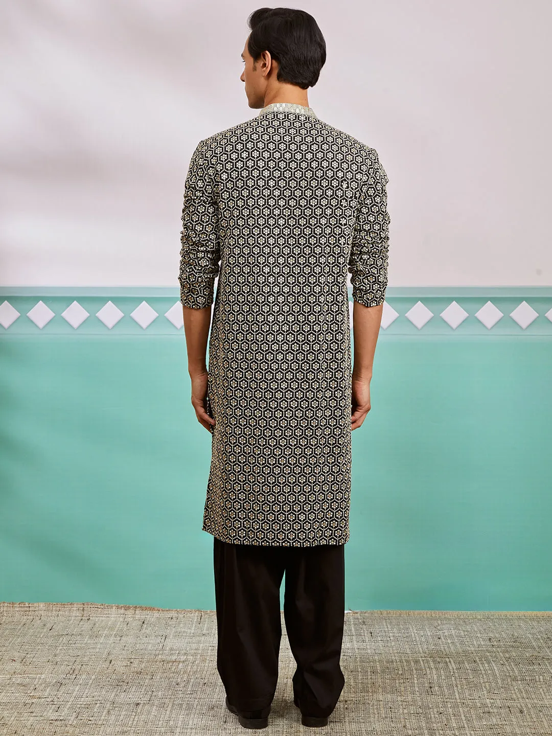 Men's Black Rayon Kurta & Patiala Set