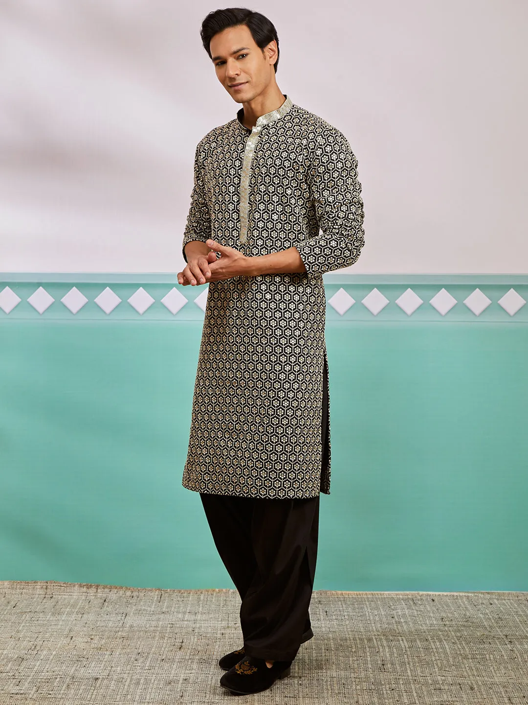 Men's Black Rayon Kurta & Patiala Set