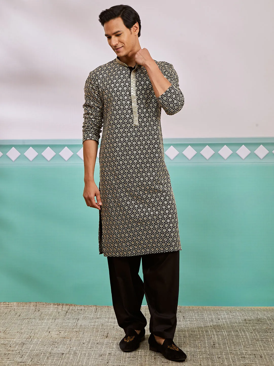 Men's Black Rayon Kurta & Patiala Set