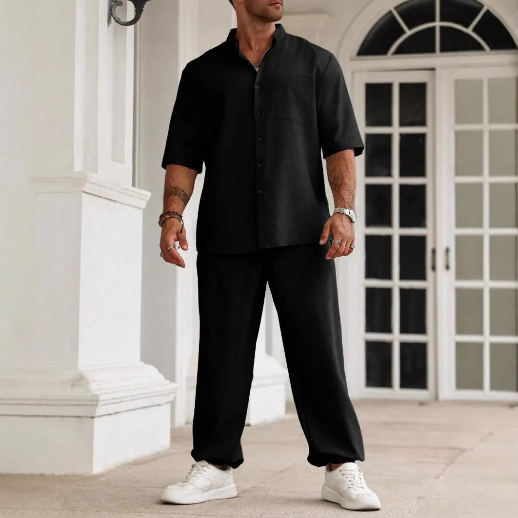 Men's Casual Set  Cotton Linen Blend  Relaxed Fit  Short Sleeve Shirt & Pants
