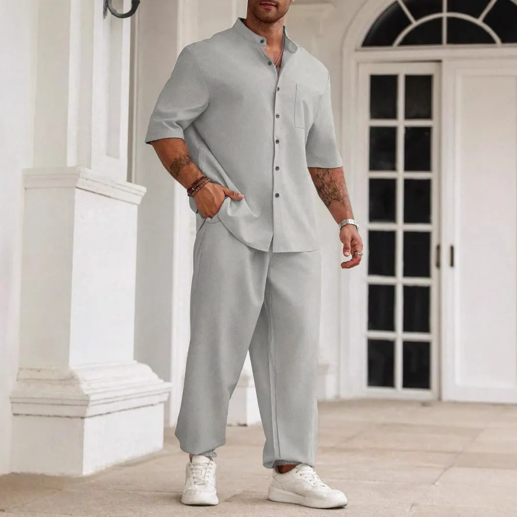 Men's Casual Set  Cotton Linen Blend  Relaxed Fit  Short Sleeve Shirt & Pants