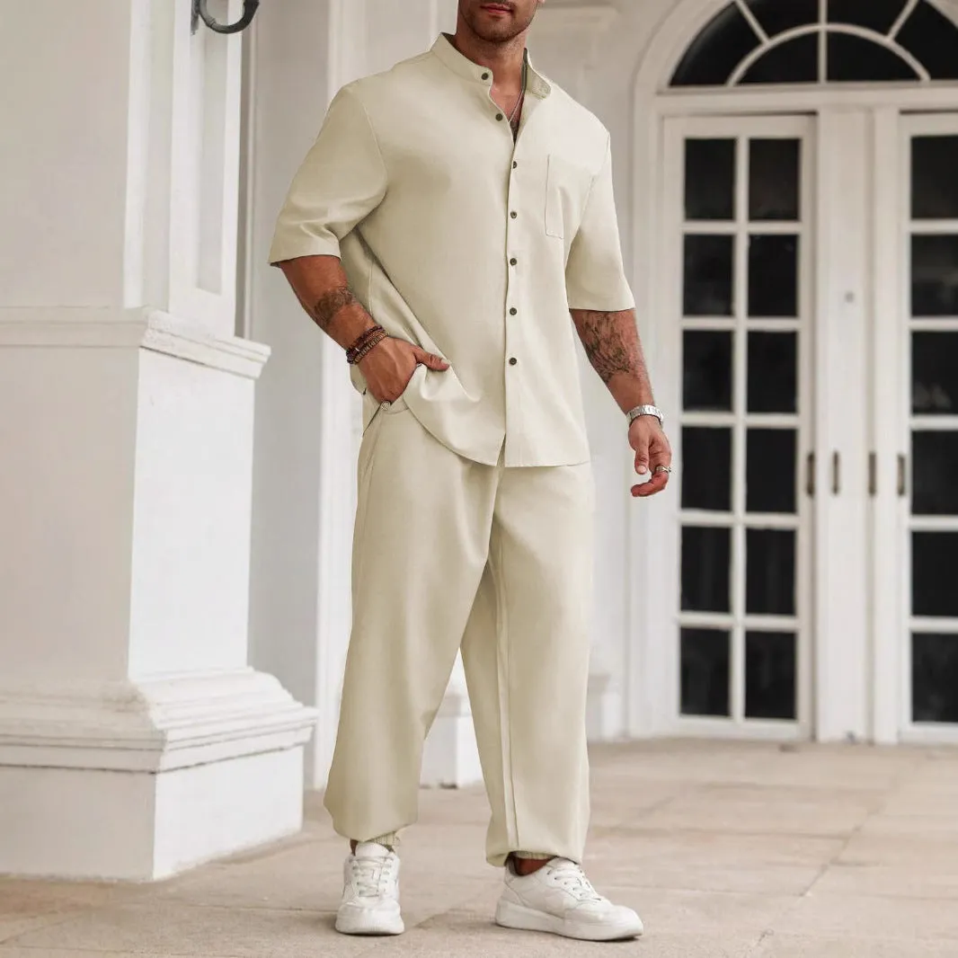 Men's Casual Set  Cotton Linen Blend  Relaxed Fit  Short Sleeve Shirt & Pants