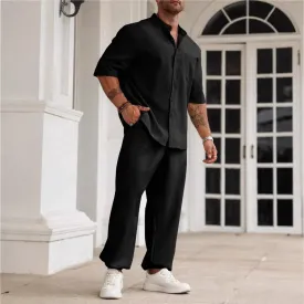 Men's Casual Set  Cotton Linen Blend  Relaxed Fit  Short Sleeve Shirt & Pants