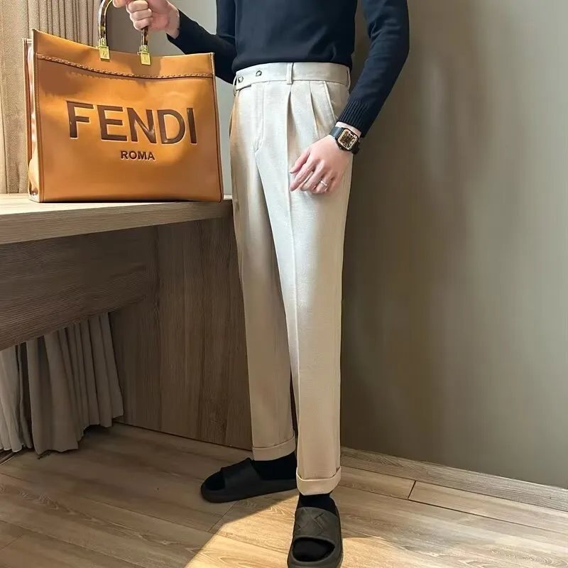 Mens Dress Trousers  Wool Blend  High Waist  Pleated Front  Cuffed Hem  Straight Leg