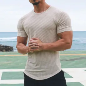 Mens T-Shirt  Slim Fit  Cotton Blend  Crew Neck  Short Sleeve  Striped Casual Wear